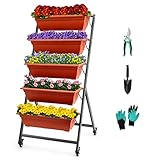 EDOSTORY 4.5 FT Height Vertical Garden Planter Removable Brick Red Raised Bed Box with 5 Container Boxes,Digging Claw Gloves,Trowel,Purning Shears for Outdoor Vegetables Flowers