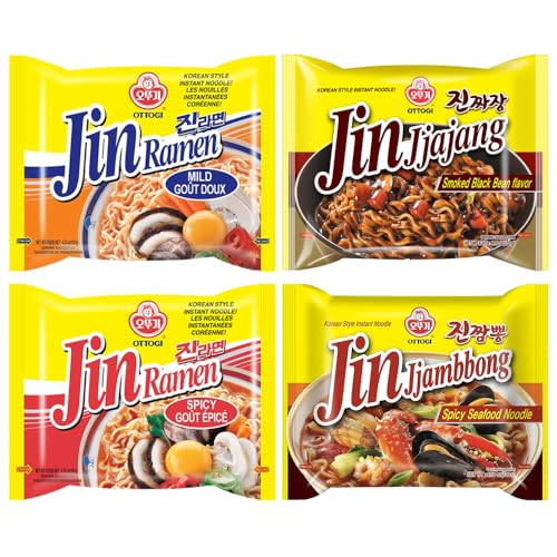 BOX OF LIFE Ottogi Instant Jin Ramen Noodle 4 Flavor Combo (Mild, Spicy, Jjajang, Jjambbong) Korean Ramen Set, Korean Style Instant Noodle Set