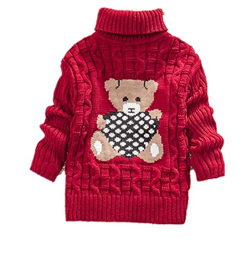 Kids Bear Turtleneck Sweater Boys Girls Knit Sweater (red, 9-12 Months)