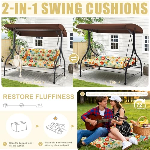 Image of Porch Swing Cushions Outdoor 40 inch x 40 Waterproof Swing Cushions 3 Seater Replacement with Backrest & 8 Ties 5 inch Thick Bench Swing Cushions for Outdoor Furniture Patio(Floral Pattern)
