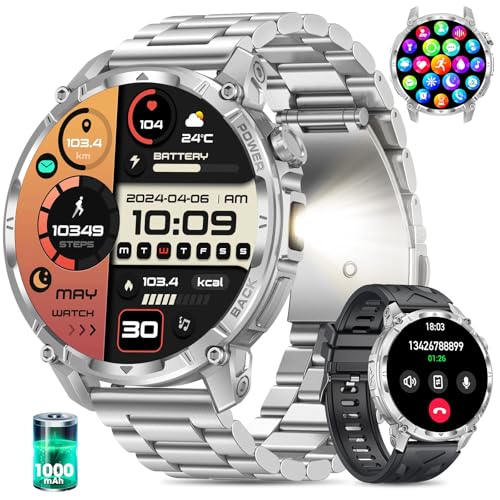 Reloj Inteligente Hombre 1,7'' pantalla táctil Smartwatch Hombre Linterna 100 Días de Batería Llamadas Bluetooth 120+ Modos Deportivos Pulsómetro Monitor de Sueño IP68 iOS Android (Acero Plateado)