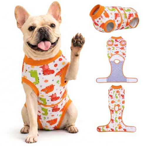 Image of PetWarm Post Surgery Dog Onesie, Surgical Recovery Suit for Dogs, Professional Dog Recovery Shirt Abdominal Wounds Bandages Substitute E-Collar and Cone, Dinosaur Pattern, Yellow, M