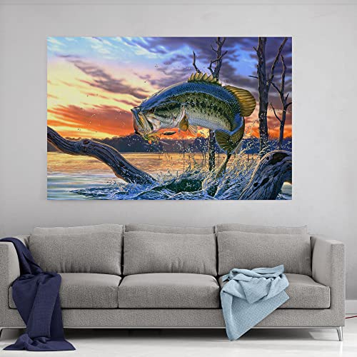 Prixas Print Large Mouth Bass Fish Canvas Wall Decor, Painting For Living Room Bedroom Gallery Wrapped, Blue 20X30 Inch #TOP3