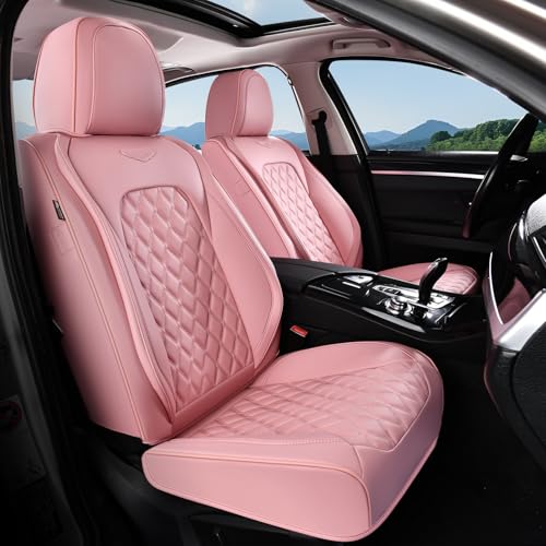Image of Coverado Front Seat Covers, Luxury Faux Leather Breathable Waterproof Protectors, Universal Fit for Cars, SUVs, Trucks, Durable Car Seat Protectors, Waterproof Car Cushions - Pink