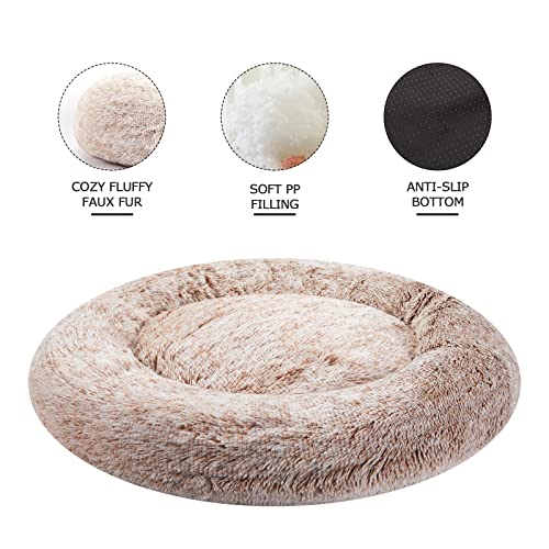Bedfolks Calming Donut Dog Bed, 36 Inches Round Fluffy for Large Dogs, Anti-Anxiety Plush, Machine Washable (Brown, Large)