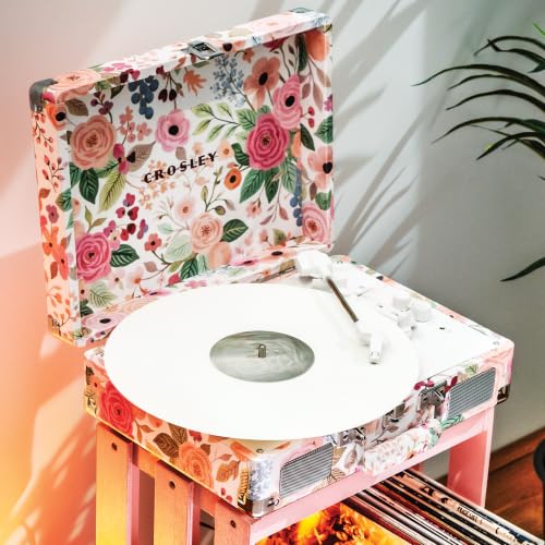 Image of Crosley CR8005F-PFG Cruiser Plus Record Player, Pink Flower Garden | 3-Speed Turntable, Bluetooth In / Out, Built-in Stereo Speakers, Isolated Internal Speakers Minimize Vibration