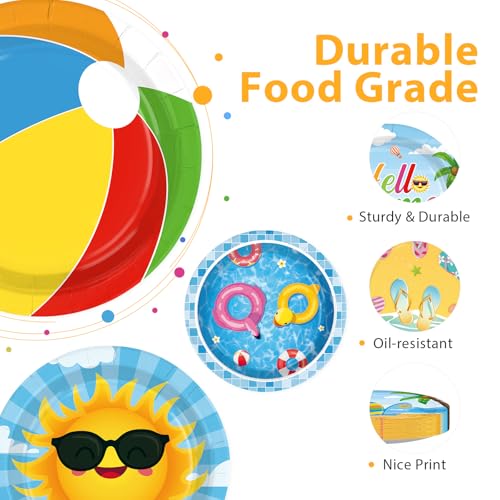 Image of 60 Pcs Beach Pool Party Paper Plate 7 inch Heavy Duty for Summer | Beach Hawaii Theme Disposable Dessert Cake Platters for Luau Hawaii Swimming BBQ Birthday Party Supplies Decorations