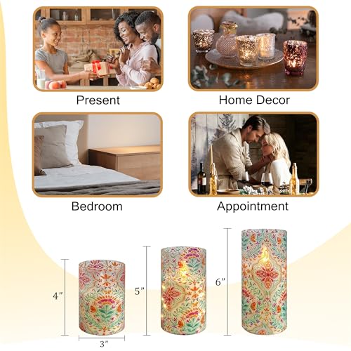 Image of Printed Flameless Candles with String Lights - Set of 3 Colorful Battery Operated Candle Flickering Floral LED Pillar Candles with Timer Remote for Home Decor Romantic Ambiance,BFLY