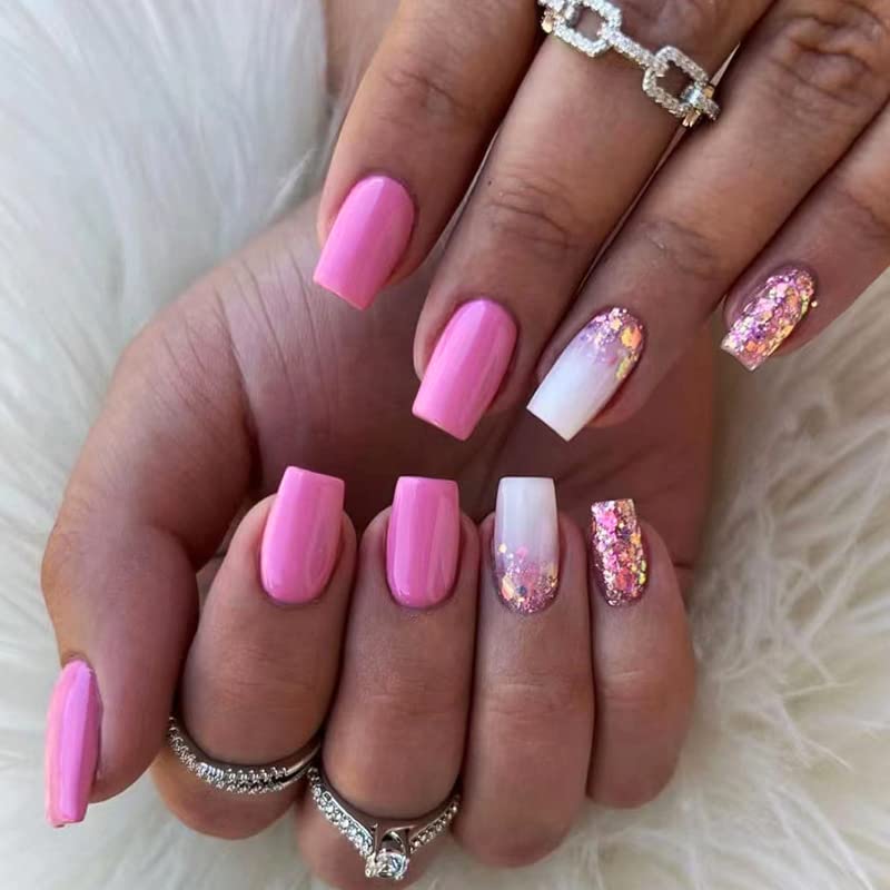 QINGGE Pink Press on Nails Medium Length Coffin Fake Nails Tips Full Cover Glitter Stick on Nails with Design Gradient White Glue on Nails Summer Acrylic Nails Glossy False Nails for Women 24Pcs