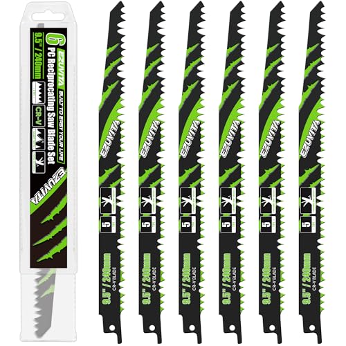 EZUVITA Lames de Scie Sabre en Acier Cr-V (6 Pièces) pour l'élagage du Bois, avec Sac de Rangement, Lames de 240mm pour la Coupe du Bois d'arbres
