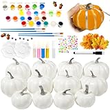 Hiawbon Pumpkin Decorations Painting Kits, Glow in The Dark Pumpkin Painting Kits, 12 White Foam Pumpkins with Leafs Stickers for DIY Halloween Thanksgiving Fall Decor