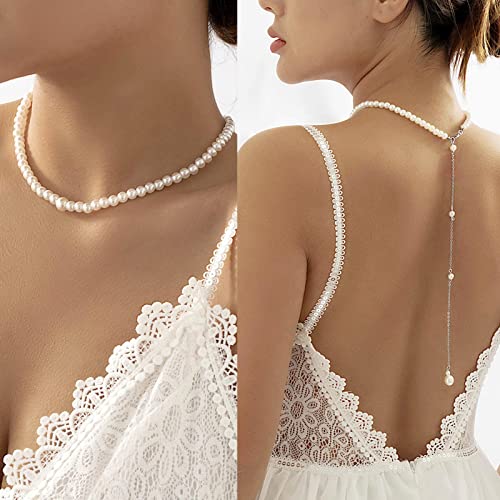 TseenYi Collier de Perle au Dos Vintage Perle Toile de Fond Collier Perle de Mariée Y Dos Goutte Collier Chaîne d'été Mariage Dos Nu Chaîne Bijoux pour Femmes et Filles (Argent) Cover
