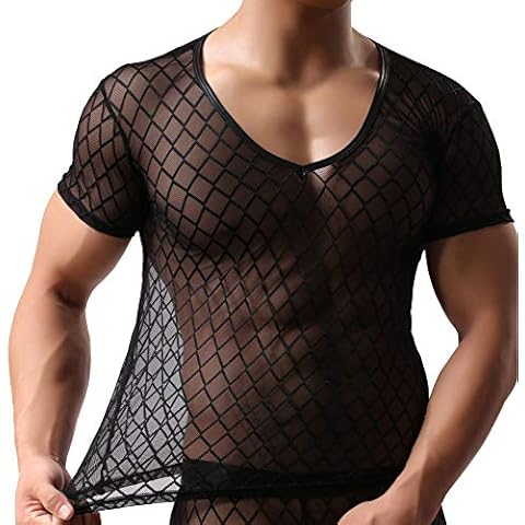Uneihoiz Men's Short Sleeve Sexy Mesh T-Shirt Top See Through Stretchy Undershirt Small Black Cover