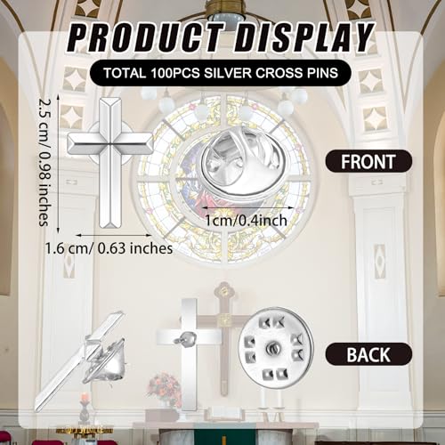 Image of 100 Pcs Cross Pins Bulk Metal Golden Silver Religious Christian Cross Brooch Pins Set Religious Enamel for Christian Chaplain Gifts Funeral Church Prayer Activities (Silver)