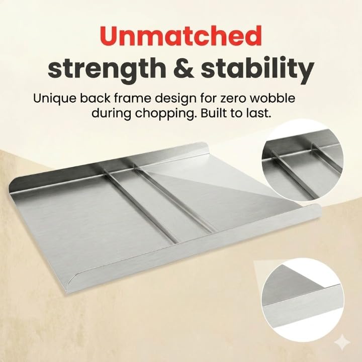 Image of Stainless Steel Chopping Board Large with Attached Knife, 36x31 cm Steel Cutting Board for Kitchen, Heavy Duty Cutter Board for Vegetable & Fruit Cutting