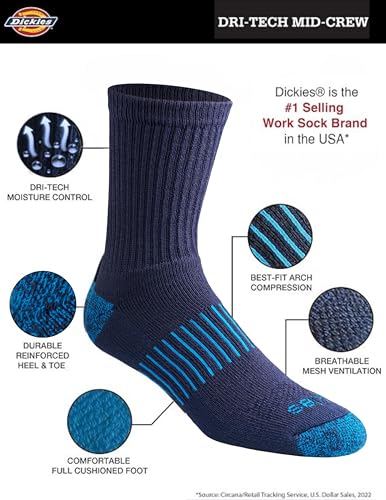 Image of Dickies Men's Dri-Tech Mid-Crew Comfort Length Moisture Control Socks (6, 12 Pairs)