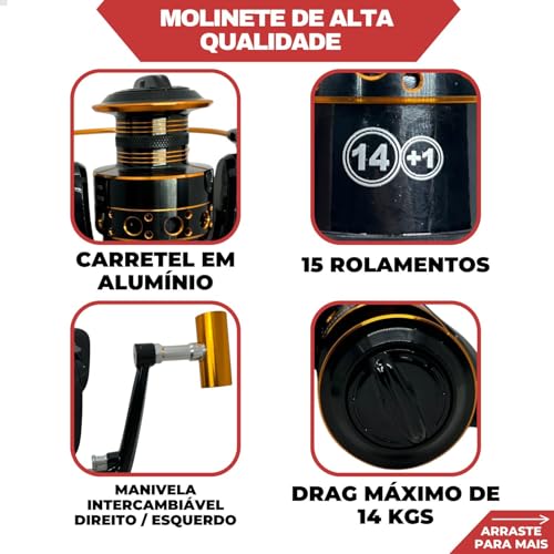 Kit Pesca Vara Sólida Maciça 2 Partes Com Rosca 165m Com Molinete 5000 Drag 14 Kgs Carretel de Alumí