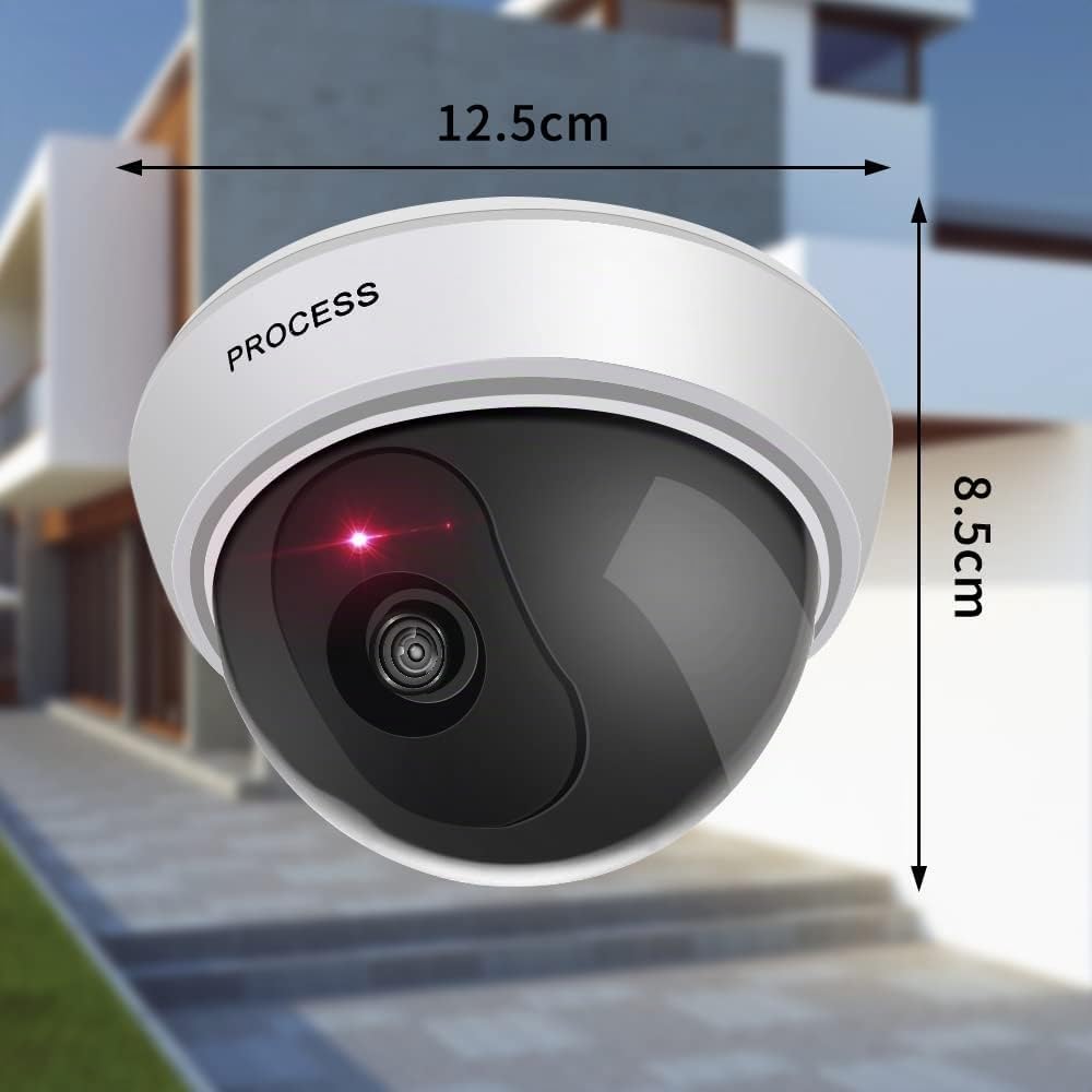 ERWEY Lot de 2 Caméras Factices Extérieur & Intérieur, Fausse Caméra de Surveillance Dôme avec Lumière LED Rouge Clignotante & Autocollants CCTV, pour Mur et Plafond (Blanc)