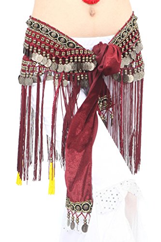 Zltdream Women's Belly Dance Tribal Hip Scarf With Fringe Coins Flannel Dark Red, One Size #TOP4