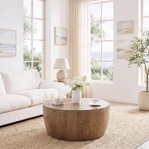 30" Round Coffee Table, Reversible Drum Coffee Tables for Living Room, Vintage Wooden Coffee Table, Mid Century Modern Center Table Tea Table for Bedroom or Office, No Need Assembly