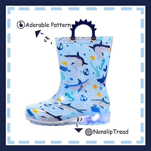 Outee Toddler Boys Rain Boots Little Kids Baby Light Up Printed Waterproof Mud Insulated Shoes Blue Shark Lightweight Rubber Adorable With Easy-On Handles Non Slip (Size 1,Blue) #TOP3