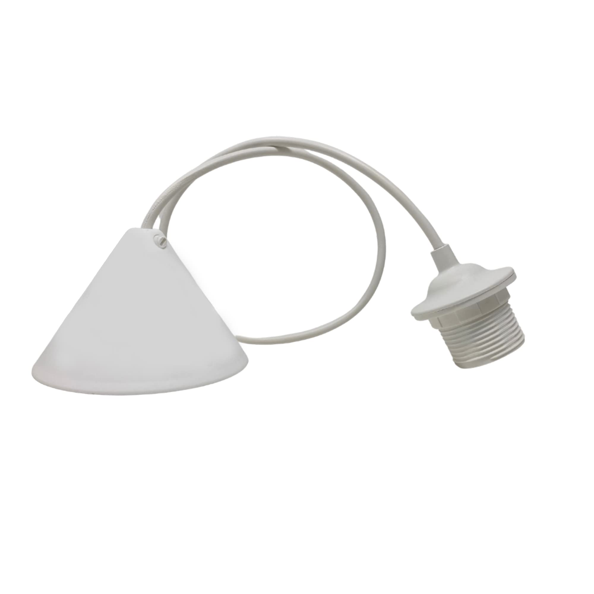 Lámpara Colgante Decorativa Blanca con Florón Cónico de Plástico | Cable PVC 80 cm Flexible | Portalámparas E27 con Camisa Roscada, Tope y Arandela | Ideal para Sala, Comedor, Dormitorio.