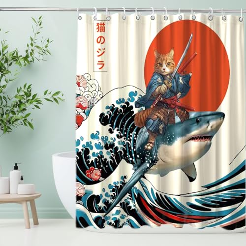 Image of Funny Japanese Cat Shower Curtain, Cat Riding Shark Japan Anime Ocean Wave Waterproof Shower Curtain with Hooks, Funky Animal Sun Fabric Shower Curtains Kids Bathroom Decor 72X72inches