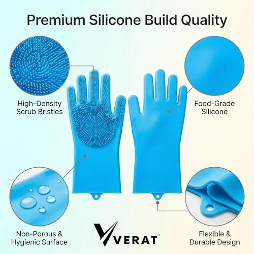 Image of Kitchen Dishwashing Gloves for Washing Dishes - Reusable Rubber /Silicone Cleaning Gloves for Kitchen, Bathroom & Car Cleaning - Waterproof Household Hand Gloves for Women, Home Essentials (Blue)