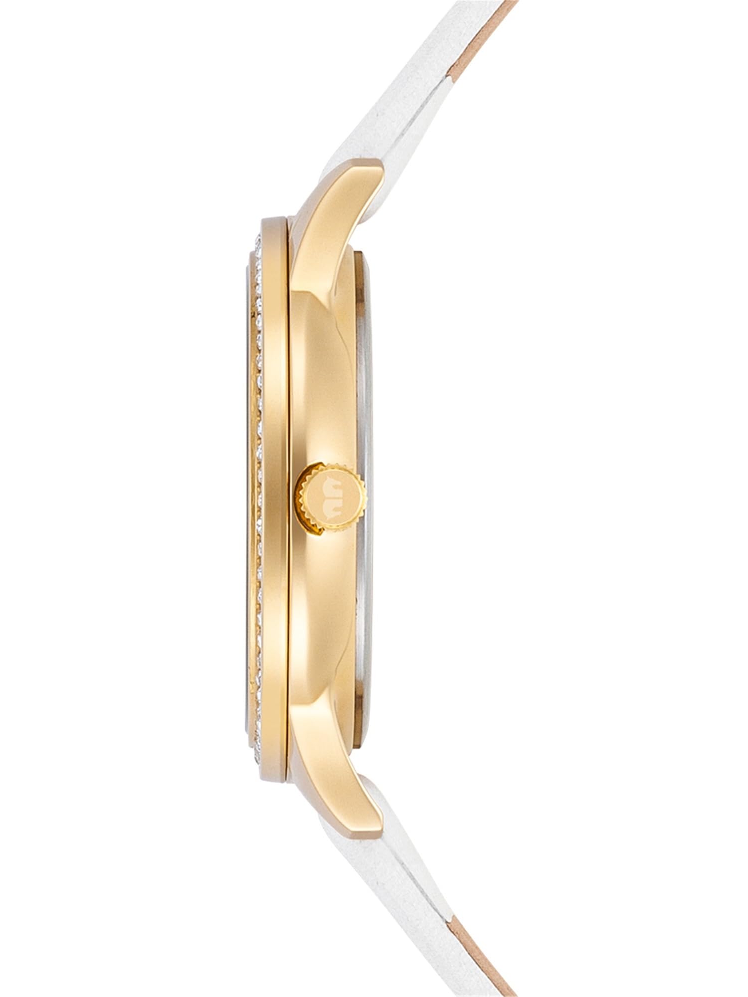 Rhodenwald & Söhne Damen Uhr Edelstahl Gelbgold Multifunktion(en) Quarzwerk | Echtleder Armband,weiß,Verziert mit Kristallen,Zifferblatt weiß,Mineralglas,Obélisque-Zeiger,3 ATM,Armbanduhr,analog,Frauen
