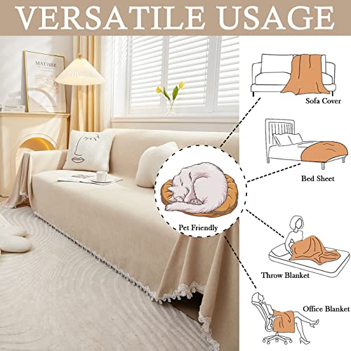 Handontime Boho Couch Covers Beige Couch Cover Blanket, Couch Protectors From Cats Scratching, White Tassel Chenille Sofa Cover, Sectional Couch Covers For L-Shape, Pet Couch Cover (71" X150",Ivory) #TOP4