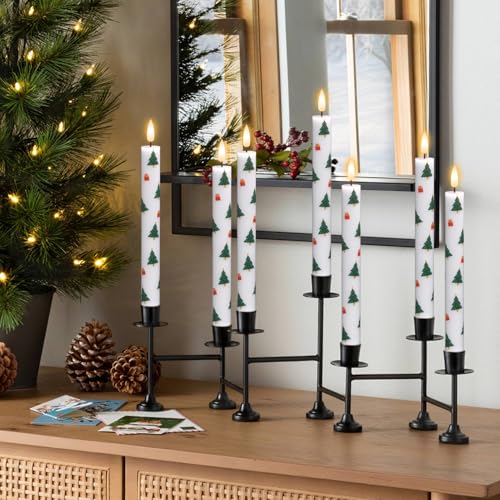 Image of GenSwin Christmas Flameless Taper Candles, 4 Pack Christmas Tree Candles with Remote Timer, Real Wax Flickering LED Flameless Candlesticks Battery Operated with Decals for Home Decor(0.75 inch x 9.65 inch)