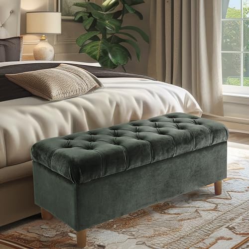 Image of HomePop 40 inch Ainsley Button Tufted Storage Bench - Loden Green Velvet