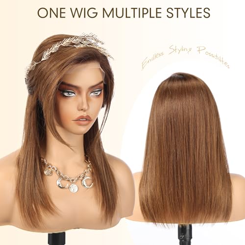 Image of KKU 100% Human Hair Wigs for Women,Real Human Hair Wigs,Side Swept Bangs Lace Front Wig(16 Inch,Ombre Brown)