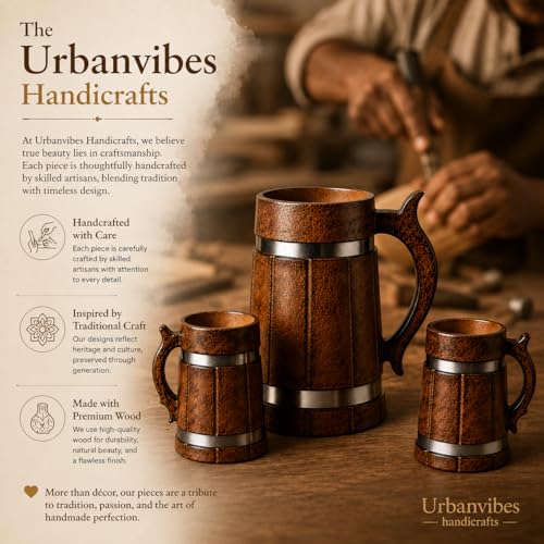 Image of Wooden Beer Bar Combo Set | Barrel Shaped Jumbo Mug | 2 Small Beer Mug 350ML (5 x 4 inches Each) & 1 Large Beer Jug 750ML (Steel Band)