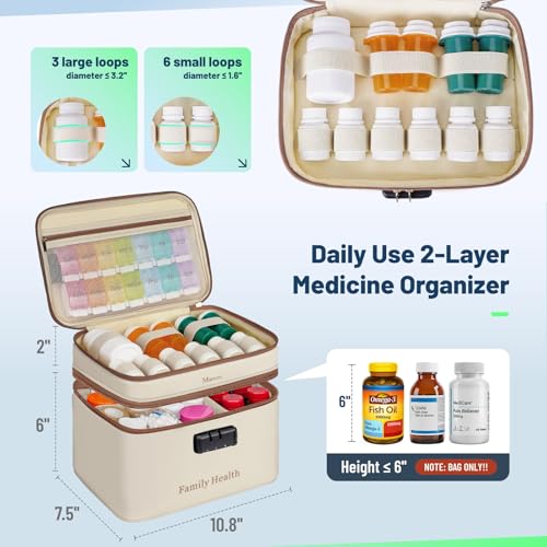 Image of Mancro Lockable Medicine Bag, 2-Layer Pill Bottle Organizer Storage with Adjustable Dividers, Medication Travel Case for Pills, Vitamins & Supplements, Medicine Organizer for Dorm, Home Use and Trips
