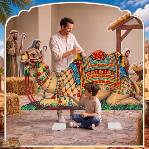 Image of Qunclay 4 ft Camel Cardboard Cutout Life Size Arabian Nights Party Decoration Desert Safari Animal Theme Camel Photo Booth Prop Standee Standup Backdrop for Nativity Scene Egyptian VBS Birthday Decor