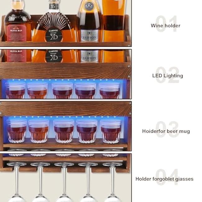 2 Pack Wooden Wine Rack Wall Mounted with LED Light, Wall Wine Rack, Bar Liquor Shelf, Wine Glass Holder Wall Mounted, Floating Bar Shelves for Kitchen, Dining Room, Home Bar