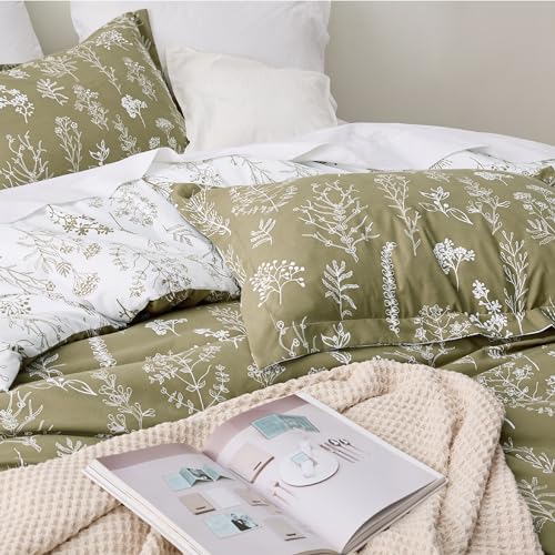 Image of Bedsure Duvet Cover Queen Size - Reversible Olive Green Queen Duvet Cover Set with Zipper Closure, 3 Pieces Floral Patterned Bedding Set with 8 Corner Ties and 2 Pillow Shams