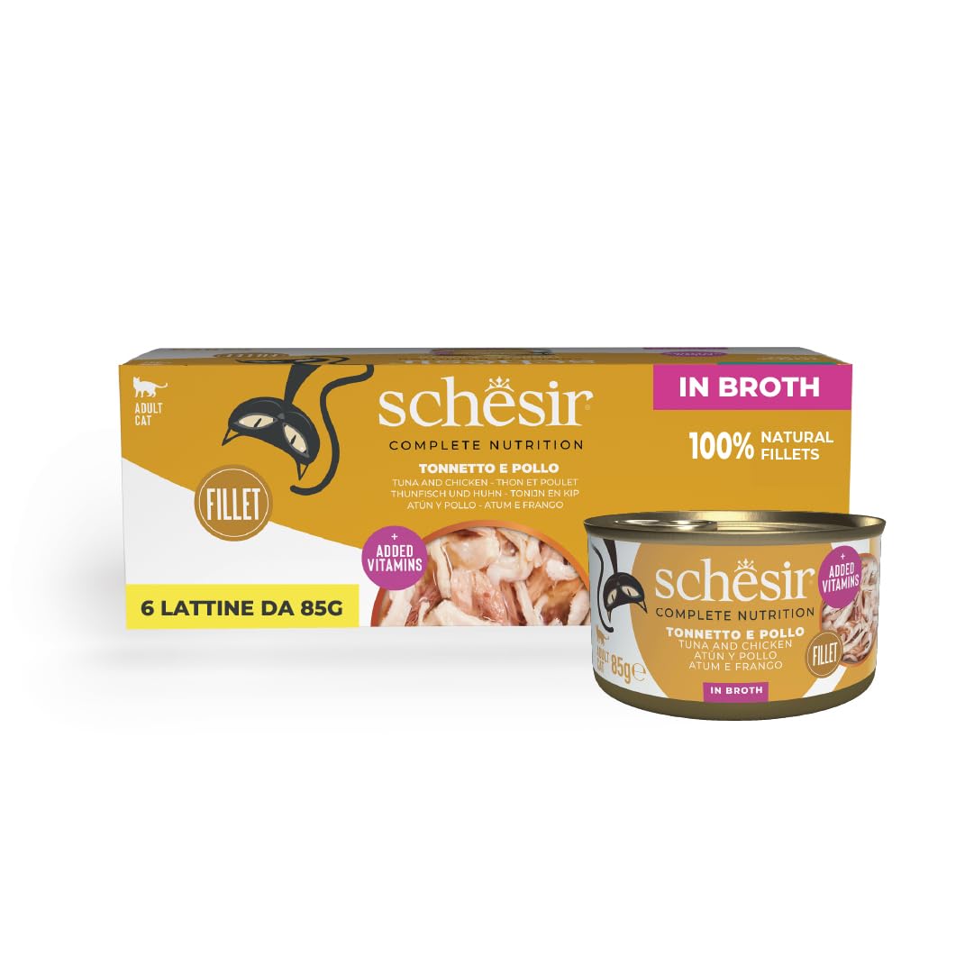 Schesir, Atún con Atún en Caldo, Comida Húmeda Completa para Gatos, en Lata, con Vitaminas Añadidas, 100% Natural, 6 x 85 g