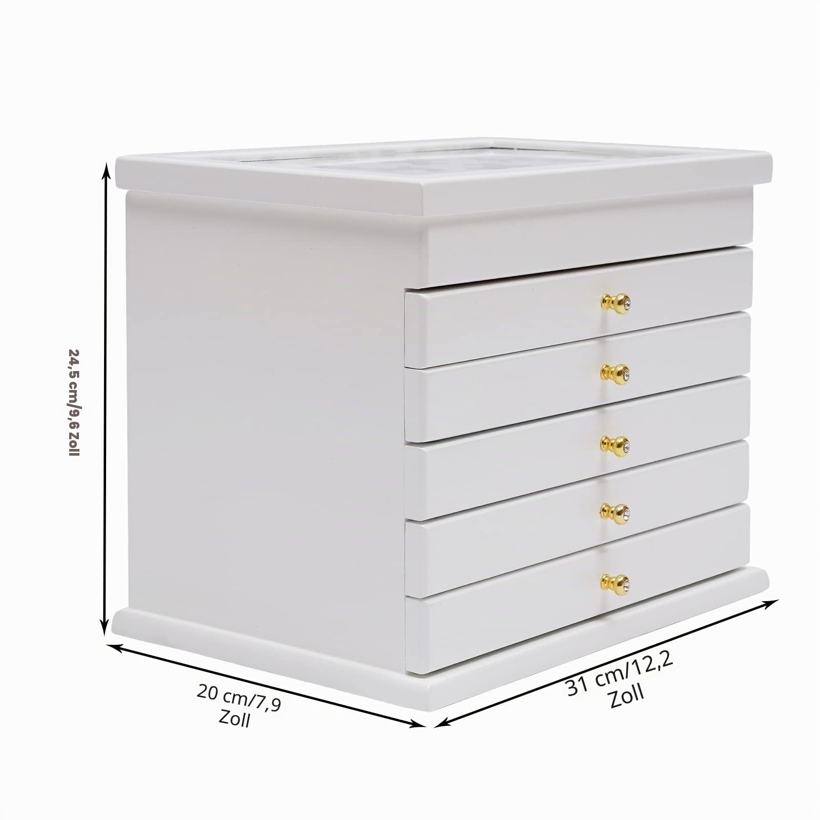 Schmuckkasten aus Holz Schmuckschatulle mit 6 Ebenen Weiß Schmuckbox für Ohrringe, Ringe, Halsketten, Uhren, Haarspange