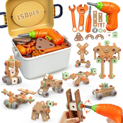 YongnKids 158 Pcs Kids Tool Set with Drill, Construction STEM Building Blocks with Storage Box Educational Tool Kit Pretend Play Kid Toy for Kids Age 3 4 5 6 7 8 Years Birthday Gift