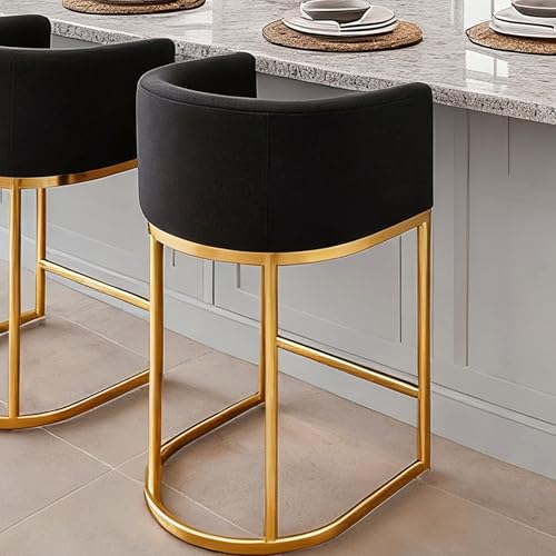 HNY Modern Barrel Counter Height Bar Stool, 29 Inch Charcoal Linen Kitchen Barstool with Back for Island, with Gold Metal Tubular Frame