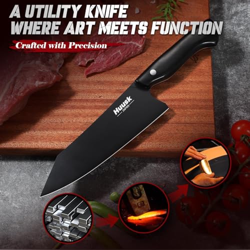 Image of Huusk Japanese Chef Knife for Kitchen - 7 inch Kirisuke Knife with Black Titanium Coating, Stainless Kitchen Cooking Knifes for Vegetable & Meat Cutting, Ultra Sharp Sushi Knives, Men's Gifts