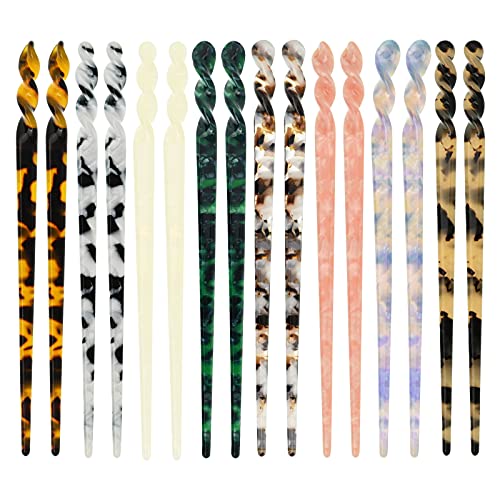 16 PCS Acetate Hair Sticks Tortoise Shell Retro Hairpins for Women Vintage Leopard Print Retro French Hair Forks Disk Hair Chopstick Pins for Thin Thick Hair DIY Accessory (8 Design)
