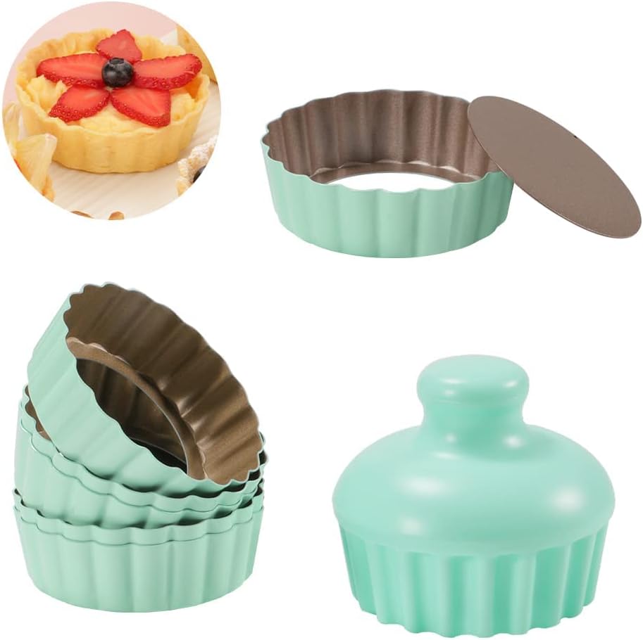 Tart Pan Removable Bottom Set Nonstick Mini Pie Pans for Baking, Quiche Bakeware, Cheesecakes, Desserts & More for Oven & Instant Pot Baking Includes 6 Pie Pans and 1 Press Tamper