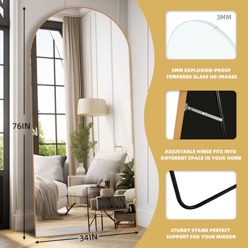 Arched Full Length Mirror, 76x34 Oversized Floor Mirror with Stand, Gold Mirror Full Length, Aluminum Full Body Dressing Mirrors with Arched-Top, Leaning for Living Room, Bedroom