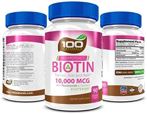 Pure Biotin 10,000 MCG - Maximum Strength Vitamin B - Complex Supplement to Reduce Hair Loss, Improve Hair, Skin and Nail Health for Women and Men– 3 Month Supply- by 100 Naturals