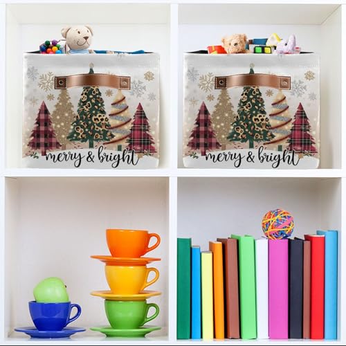 Image of Christmas Tree Golden Leopard Storage Basket with Waterproof Liner and PU Handles Winter Cheetah Snowflake Storage Boxes 14.2 inch Collapsible Decorative Organizer Baskets for Bedroom Closet Office 2 Pack