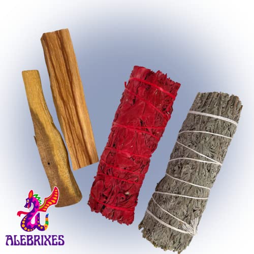 Alebrixes | Premium Quality Smudge Kit | Sage Wand And Palo Santo | Kit De Incienso De Salvia Azul, Sangre De Dragon Y Palo Santo| 4 Pz| Blue Sage, Dragons Blood Sage, Palo Santo #TOP2