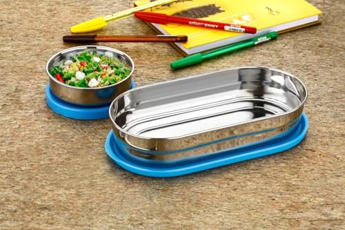Image of Stainless Steel Lunch Box Combo for Office, School & Picnic | Set of 4 Airtight Containers (2 x 650ml + 200ml) | Leak-Proof Food Storage for Men, Women (Blue)